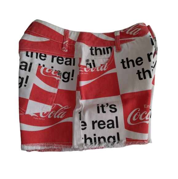NWOT Coca Cola Small Logo Slogan Check Print Distressed Hem Jean Shorts - Picture 3 of 16